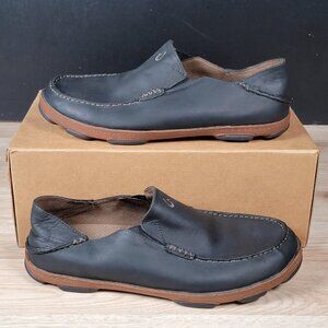 OluKai Moloa Shoes Mens Sz 11 Black Brown Leather Slip On Loafer Comfort Casual